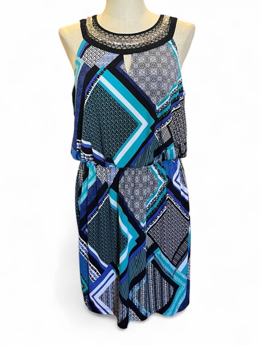 Sandra Darren Blue & Teal Geo-Print Halter Dress